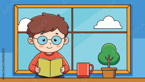 Vector illustration of a boy reading a book
