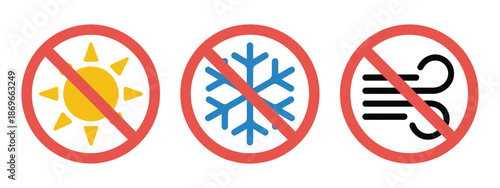 No sun snow or wind weather icons, red prohibition circles showing restricted climate conditions, warning symbols vector illustration.