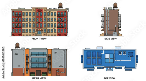Comprehensive architectural illustration of a multi-story urban building, showcasing its front, side, rear, and top views with detailed features.