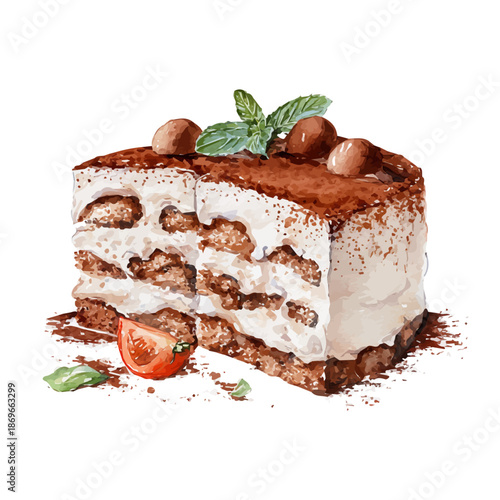 Watercolor vector illustration of Tiramisu Cake, isolated on white background.