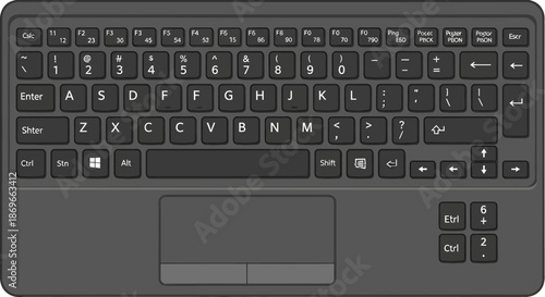 Close-up of a dark grey computer keyboard with white lettering and symbols on black keys.