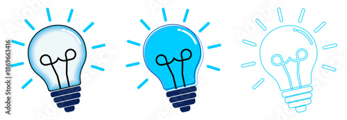 A set of glowing blue lightbulbs in different styles, symbolizing creativity, energy efficiency, and environmental friendly solutions for modern designs