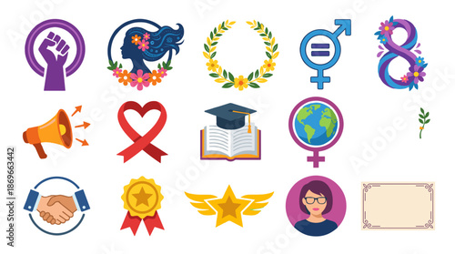 Collection of diverse icons representing women's rights, gender equality, education, achievement, and social awareness.