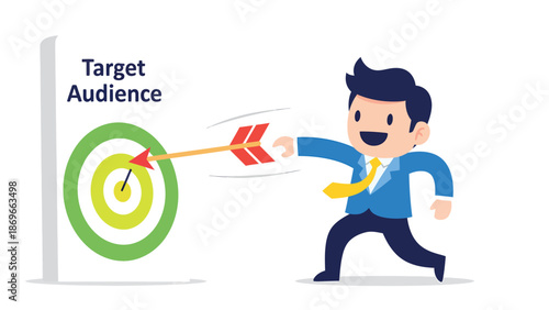Businessman Cartoon Aiming Arrow at Target Audience for Marketing Success