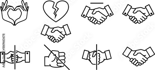 Black and white handshake and heartbreak with various hand gestures and broken heart symbol