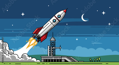 Cartoon rocket ship launching into the night sky with stars and crescent moon