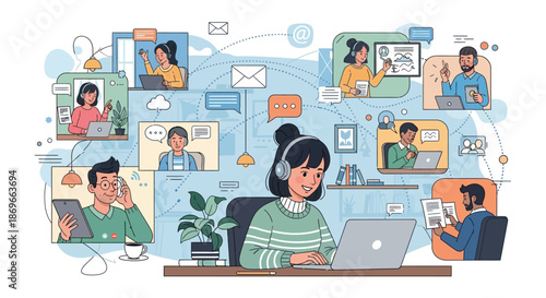 Remote team collaboration with people working from home using laptops and video calls