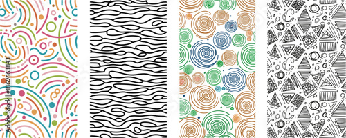 Colorful abstract patterns with swirls and geometric shapes on white background circles