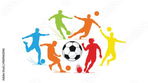 Vibrant composition featuring colorful silhouette soccer players captured in dynamic action poses, surrounding a central soccer ball with smaller balls and energetic elements.