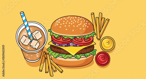 Colorful fast food illustration with burger, fries, soda, and condiments on yellow background
