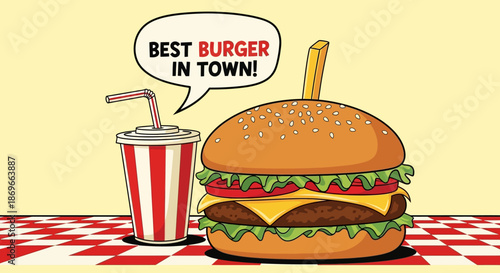 Cartoon illustration of a cheeseburger and soda cup on a red and white checkered tablecloth