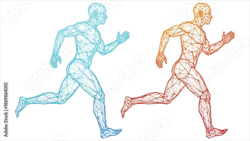 Wireframe Running Men Vector Illustration Set – Sports, Fitness, Motion Concept