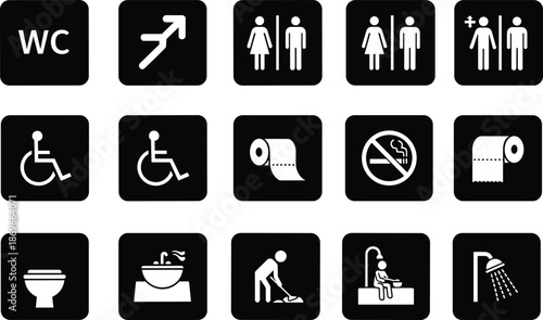 Set of black and white bathroom and hygiene on square backgrounds