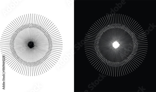 Abstract black and white radial line pattern with central void and textured lines