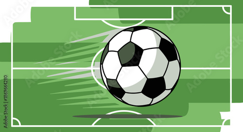 Motion blur soccer ball on green football field with white lines and markings.