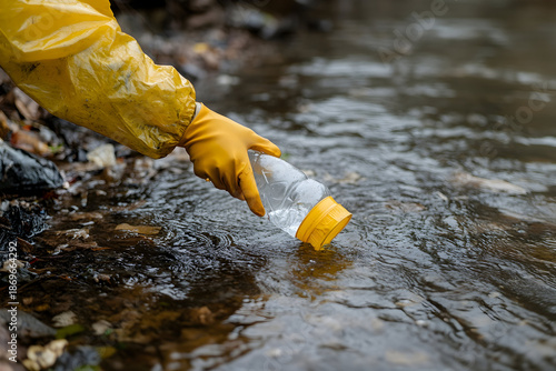 Person in yellow gloves discarding a plastic bottle into a stream, highlighting environmental pollution issues