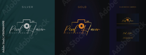 Modern Script Photography Logo Design with Camera Icon and Business Card Mockup