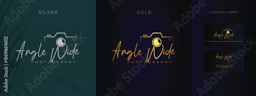 Modern Script Photography Logo with Camera Icon and Business Card Design