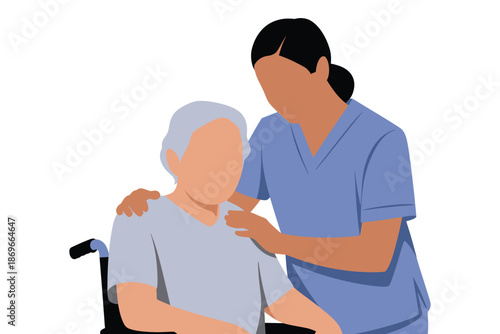 Caretaker gently places hand on senior patient sitting sadly in a dark.