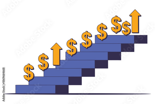 Dollar signs ascend rising steps symbolizing business growth and financial.