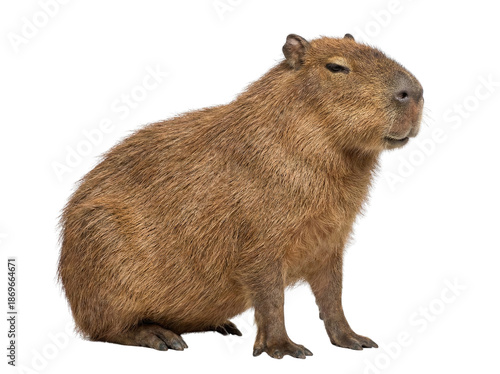 Fotografi Capybara sitting calmly on white background