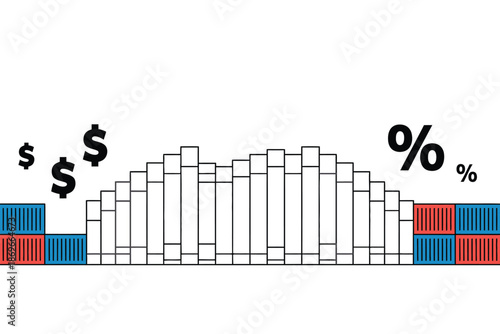 Financial bar chart bridge structure shows money symbols and percentage signs.