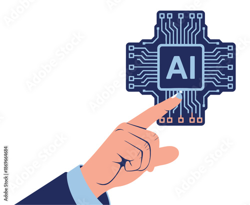 Hand pointing to glowing AI chip graphic symbolizes activating artificial.