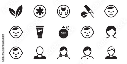 Baby and adult skincare icons set natural ingredients organic care and sun protection elements