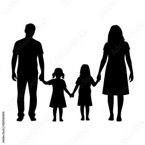 Happy family silhouette holding hands on white background