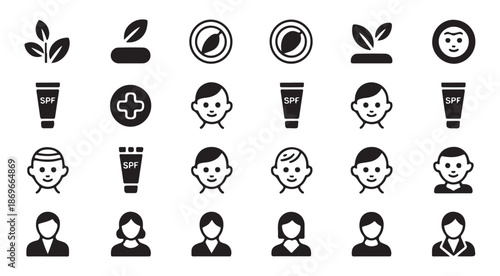 Organic skincare and sun protection solid glyph icons set with leaves spf product packaging and portraits