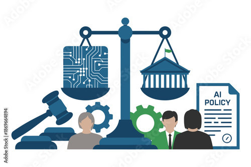 Scales balance artificial intelligence against government regulation and legal.