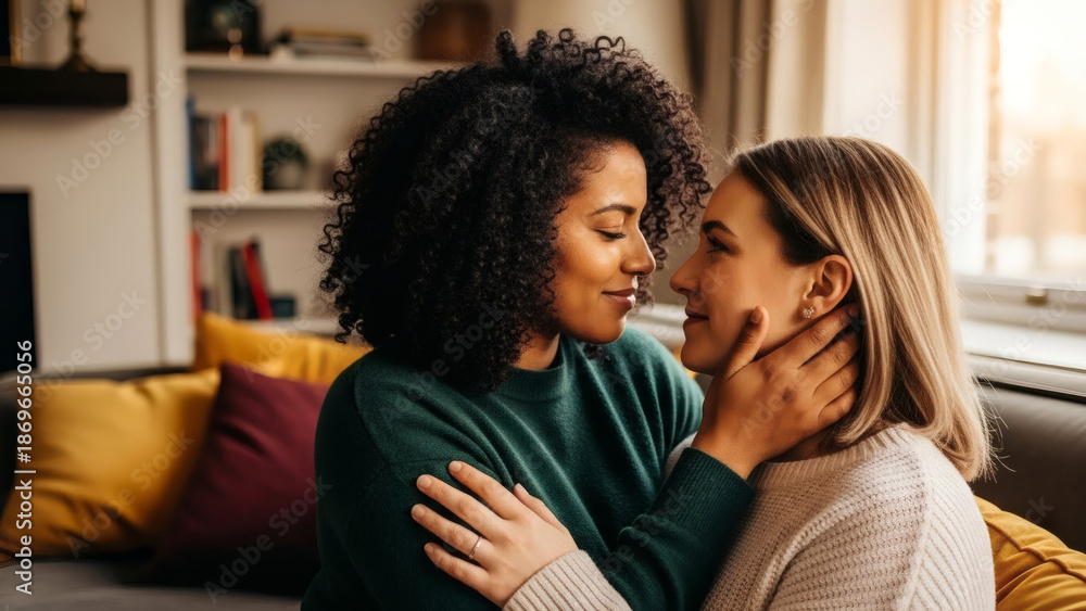 Obraz premium Diverse beautiful and elegant lesbian couple expressing love and connection, Valentine's Day