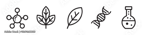 Five simplified outline icons for natural science genetics and chemical laboratory research elements