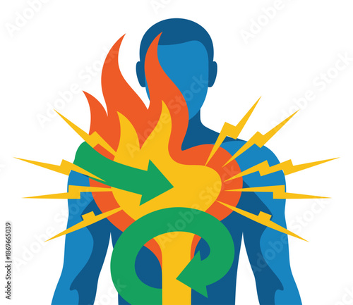 Human silhouette illustrates painful burning sensation associated with cardiac.