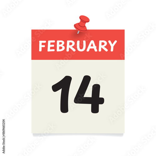 Valentine's Day, February 14, calendar page pinned with a push pin- vector illustration