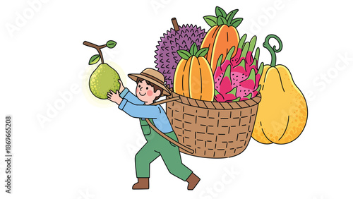 Cartoon Farmer Carrying a Basket of Exotic Fruits Illustration