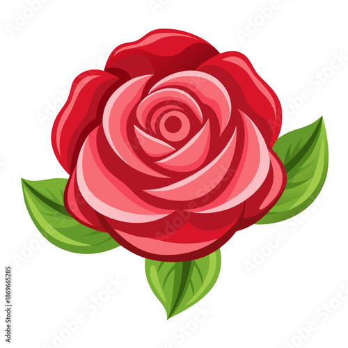 Vibrant pink rose with lush green leaves on white background