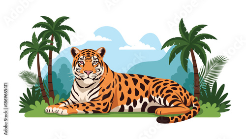 Majestic tiger gracefully rests in a vibrant jungle environment, surrounded by towering palm trees and distant mountains under a serene blue sky.