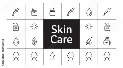 Skin care icons with drops serum bottle cream jar sunscreen face and leaf elements