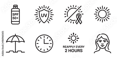Sun protection icons set featuring sunscreen lotion umbrella clock and skin care symbols