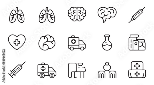 Medical organ icons and healthcare line symbols set featuring lungs brain syringe and heart shapes