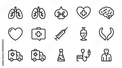 Medical and health icons in outline featuring lungs heart brain and ambulance symbols