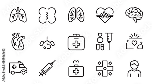 Detailed outline icons showing human anatomy like lungs heart brain for anatomy education and medicine