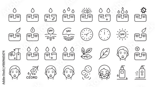 Dermatological skin layer protection icons showing sunscreen absorption over time and exposure