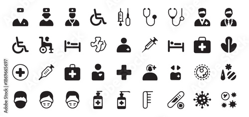 Medical healthcare icon set doctor nurse hospital wheelchair syringe stethoscope first aid kit