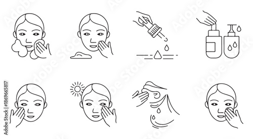 Step by step skincare application instructions showing serum use face washing and sun protection art