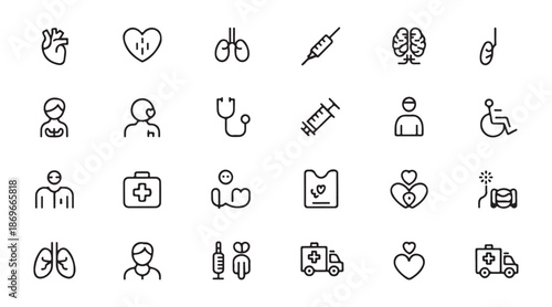 Medical icons collection outline style health and patient care symbols for digital and print media