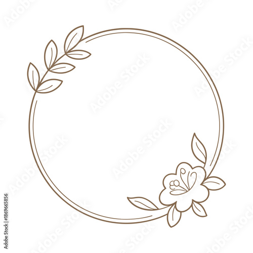 Simple line drawing of a floral circle border with rose and leaves