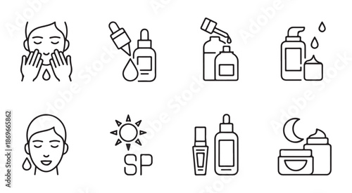 Beauty face skin care routine icons set for cosmetology and dermatology vector illustration