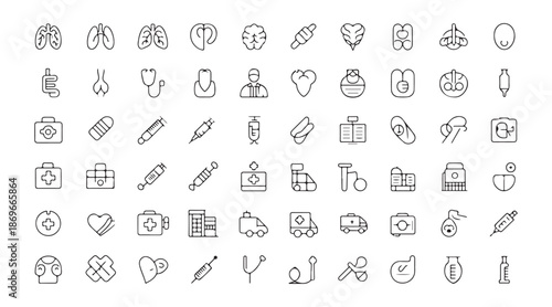 Medical and healthcare icons set with lungs heart brain and doctor symbols in outline style